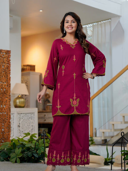 Ebbani Women’s Cotton Embroidered Wine Kurta Set with Dupatta