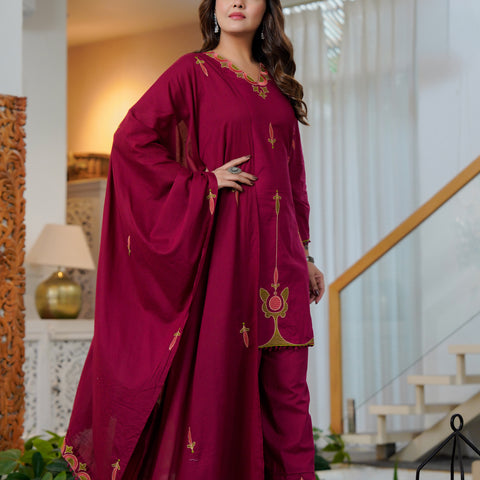 Cotton Embroidered Kurta Set with Dupatta