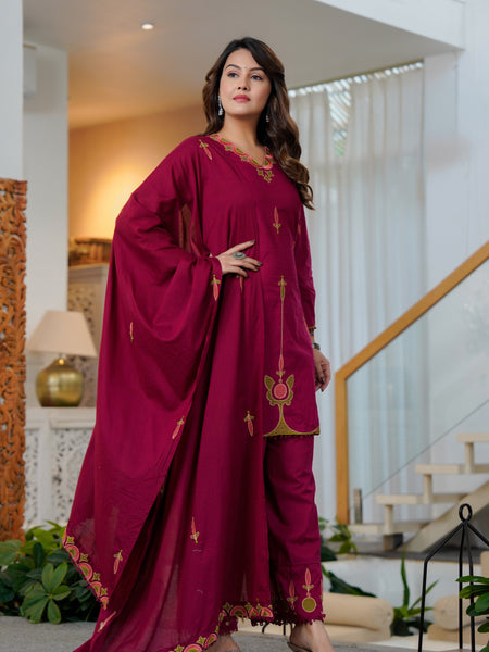 Ebbani Women’s Cotton Embroidered Wine Kurta Set with Dupatta
