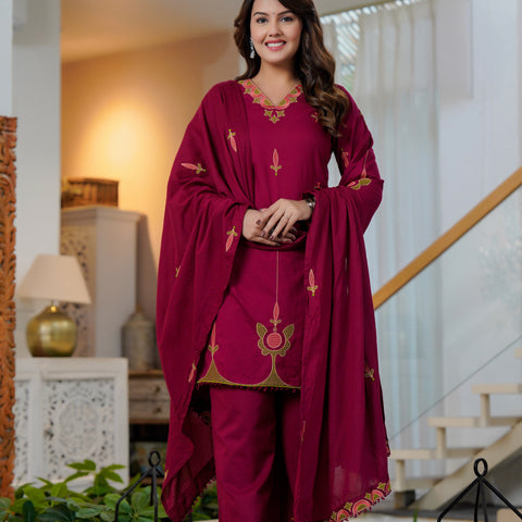 Cotton Embroidered Kurta Set with Dupatta