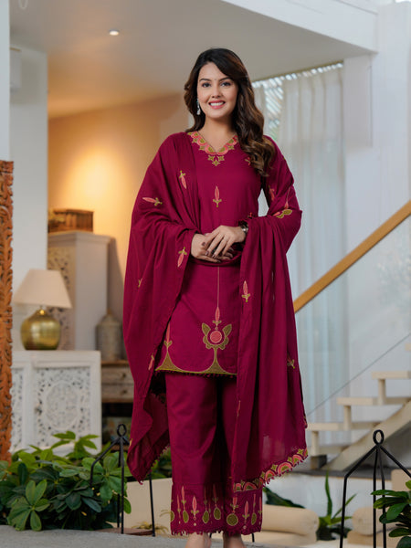 Ebbani Women’s Cotton Embroidered Wine Kurta Set with Dupatta