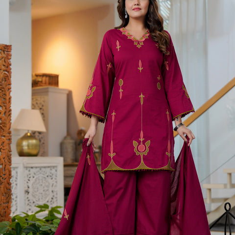 Cotton Embroidered Kurta Set with Dupatta