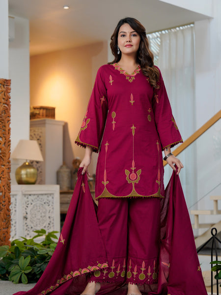 Ebbani Women’s Cotton Embroidered Wine Kurta Set with Dupatta