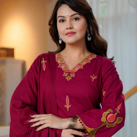 Cotton Embroidered Kurta Set with Dupatta
