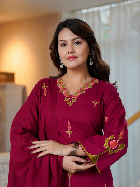 Cotton Embroidered Kurta Set with Dupatta