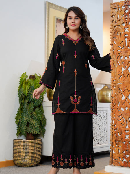 Ebbani Women’s Cotton Embroidered Black Kurta Set with Dupatta
