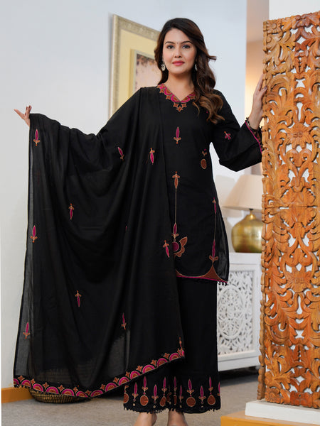 Ebbani Women’s Cotton Embroidered Black Kurta Set with Dupatta