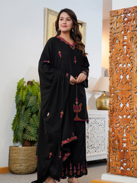 Ebbani Women’s Cotton Embroidered Black Kurta Set with Dupatta