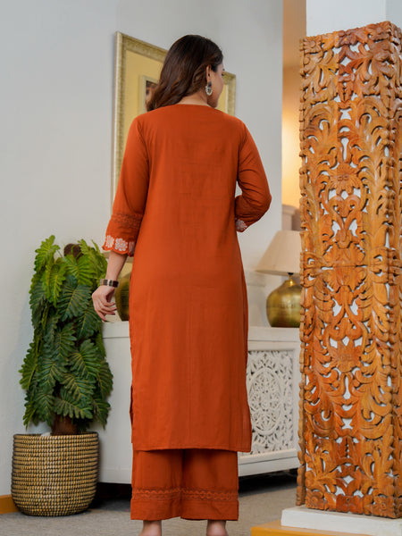 Ebbani Women’s Cotton Embroidered Brown Kurta Set with Dupatta