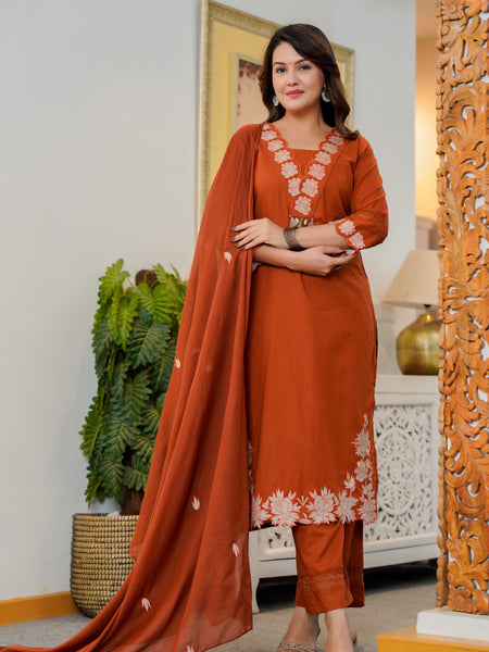 Ebbani Women’s Cotton Embroidered Brown Kurta Set with Dupatta