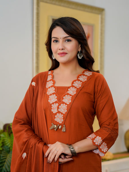 Ebbani Women’s Cotton Embroidered Brown Kurta Set with Dupatta