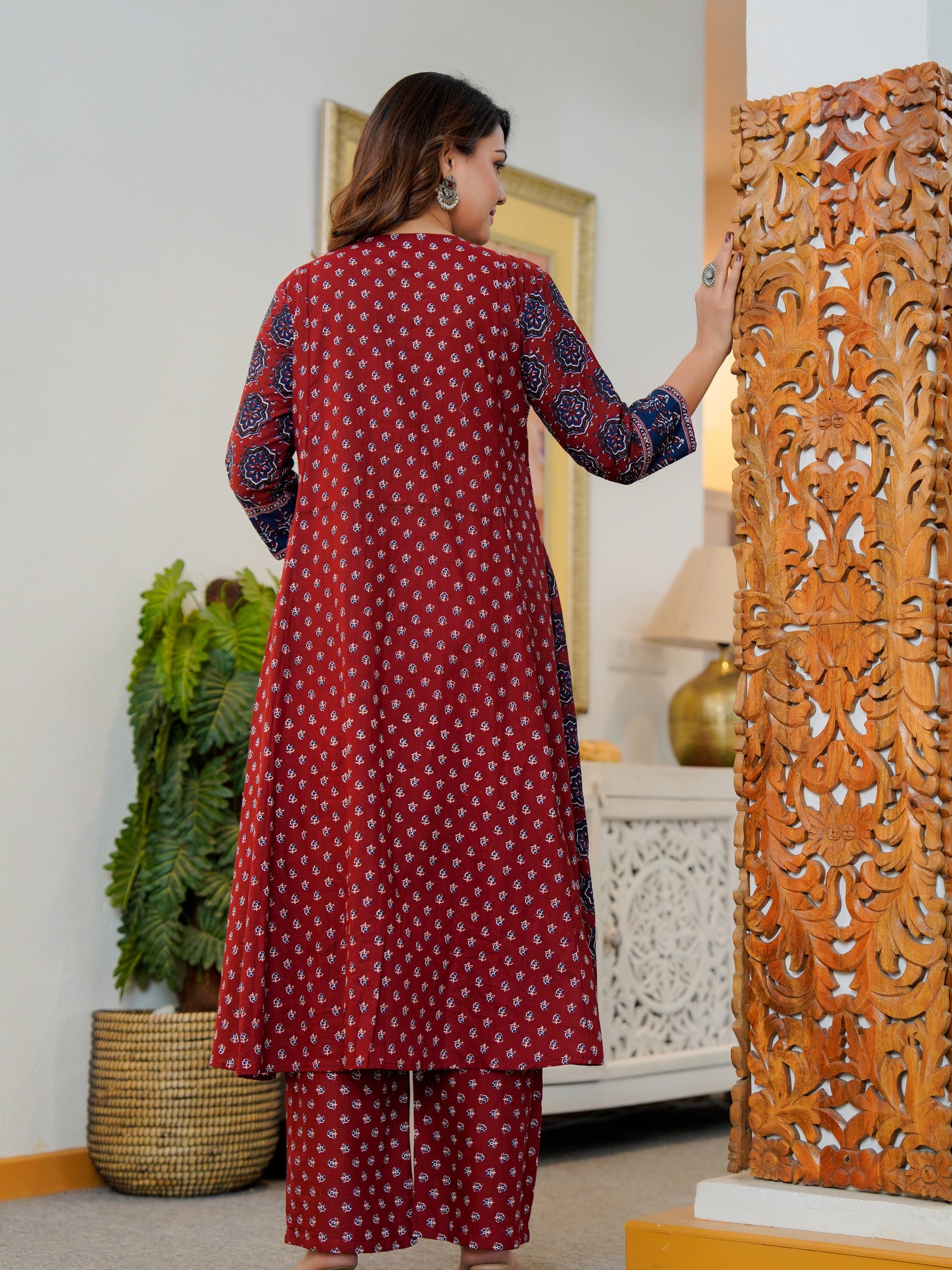Cotton Printed Maroon Kurta Set with Dupatta