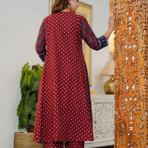 Cotton Printed Maroon Kurta Set with Dupatta