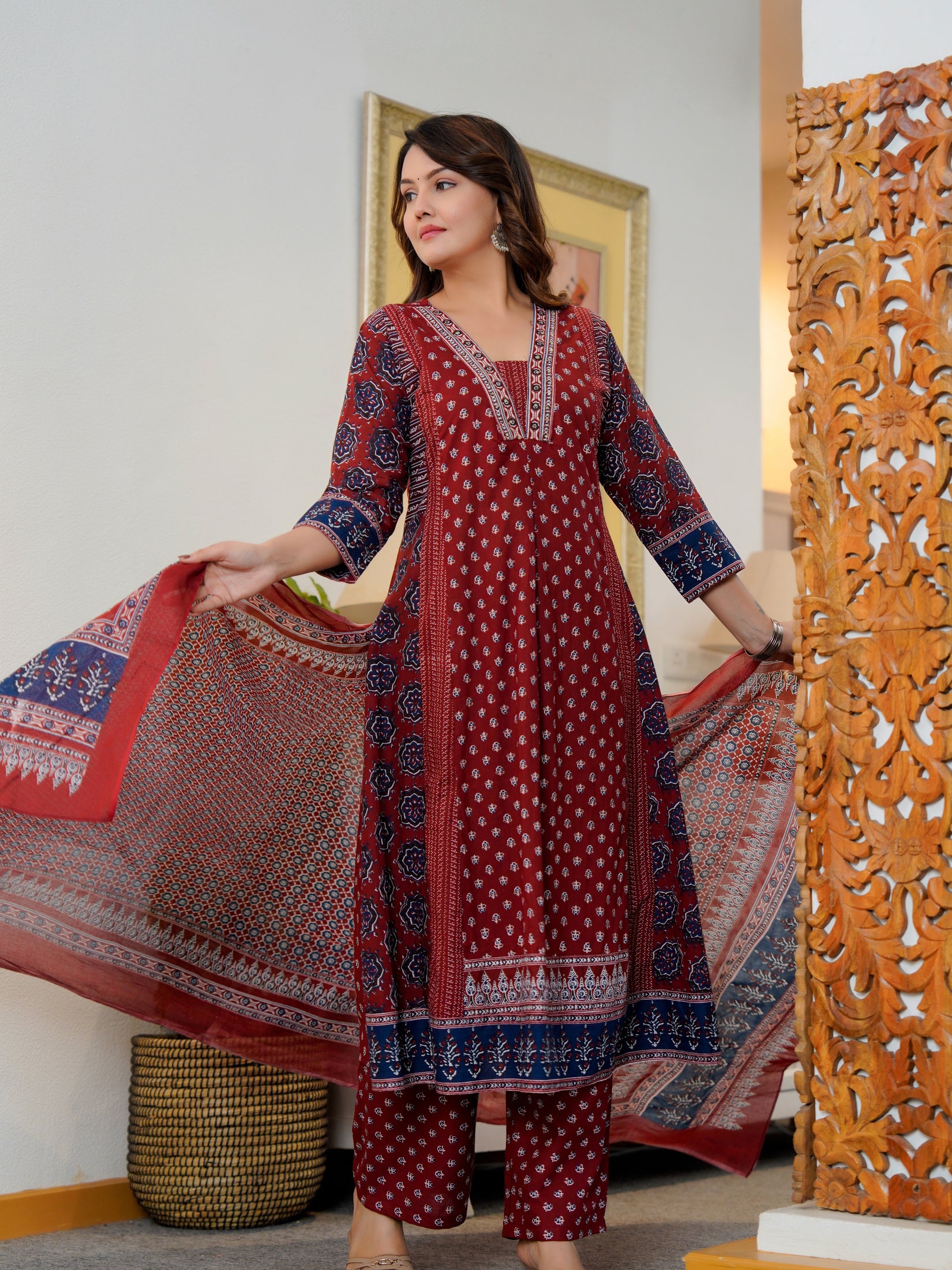 Cotton Printed Maroon Kurta Set with Dupatta