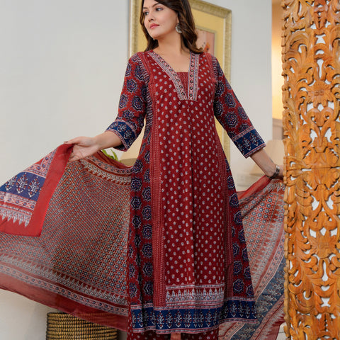 Cotton Printed Maroon Kurta Set with Dupatta