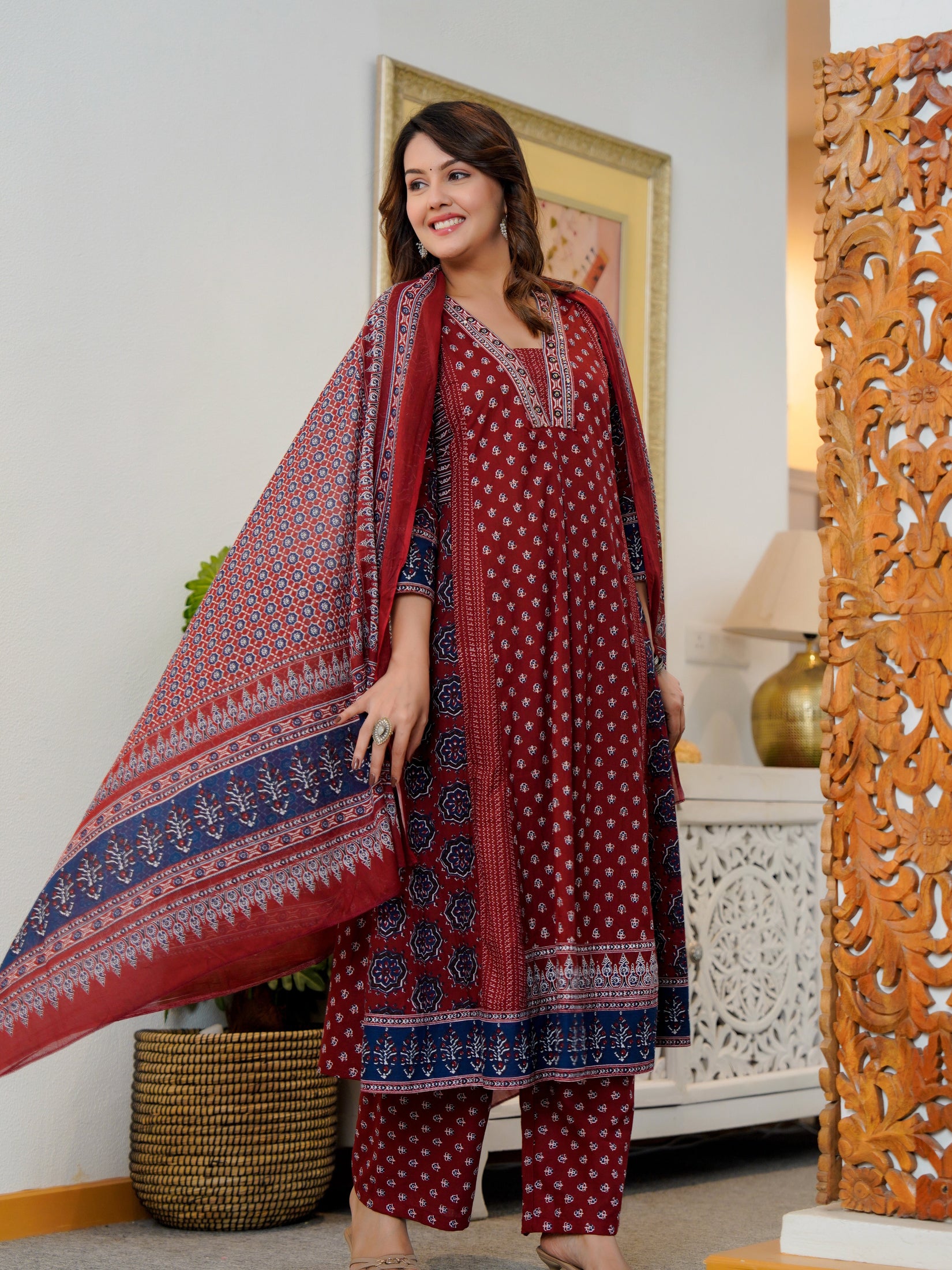 Cotton Printed Maroon Kurta Set with Dupatta