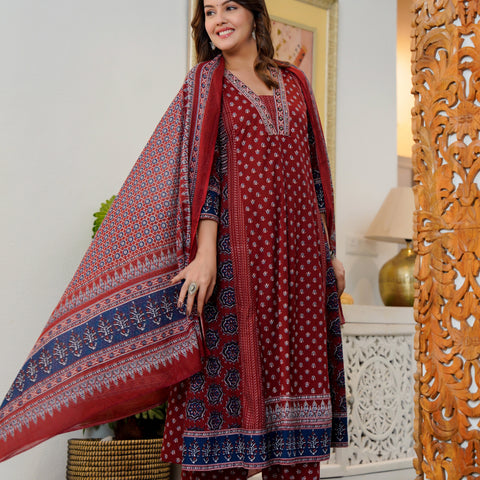 Cotton Printed Maroon Kurta Set with Dupatta
