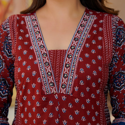 Cotton Printed Maroon Kurta Set with Dupatta
