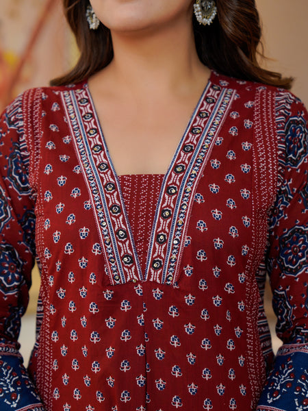 Ebbani Women’s Cotton Printed Maroon Kurta Set with Dupatta