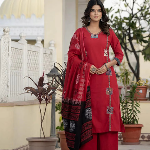 Cotton Rani Patch Work Kurta Set with Dupatta