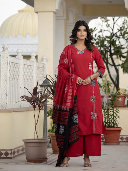 Cotton Rani Patch Work Kurta Set with Dupatta