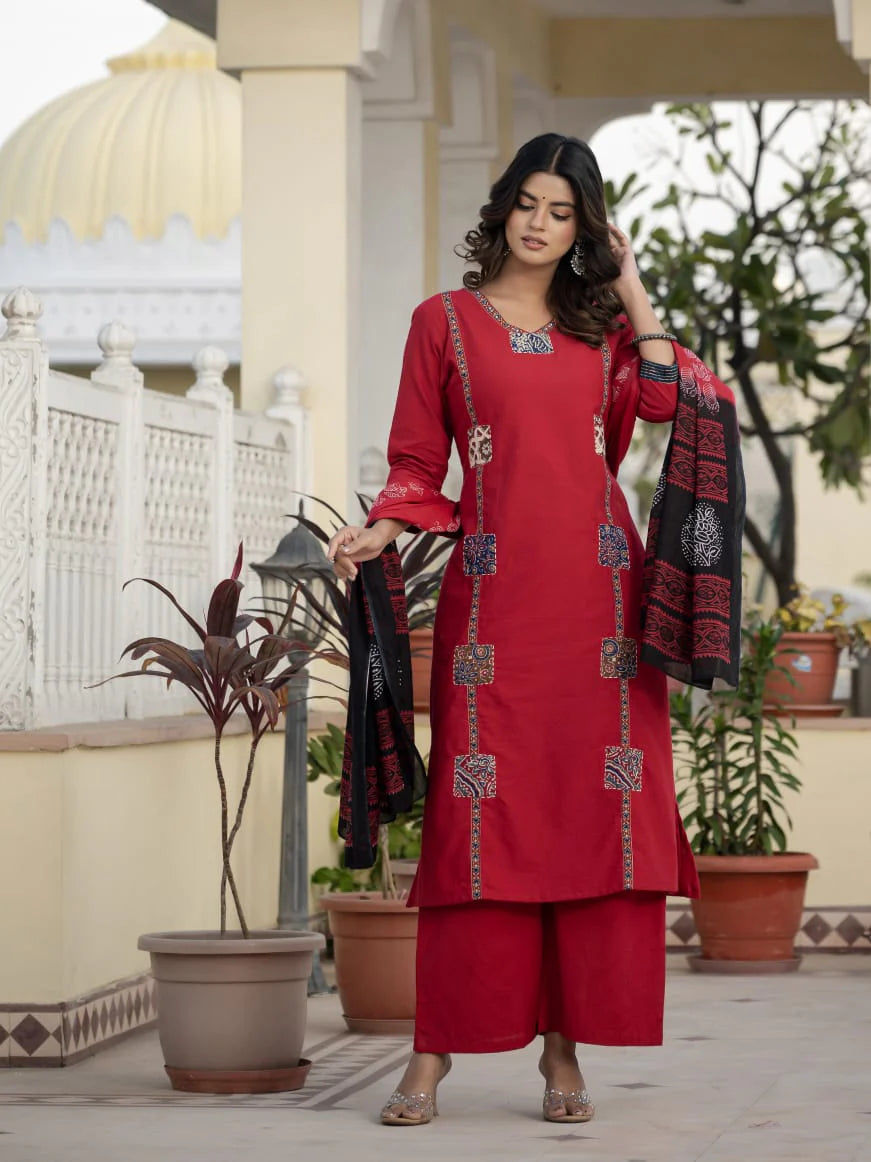 Cotton Rani Patch Work Kurta Set with Dupatta