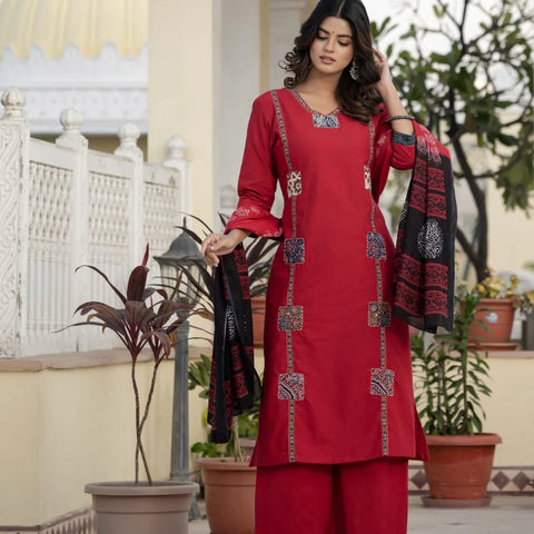 Cotton Rani Patch Work Kurta Set with Dupatta