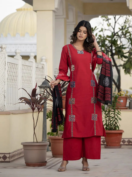 Cotton Rani Patch Work Kurta Set with Dupatta
