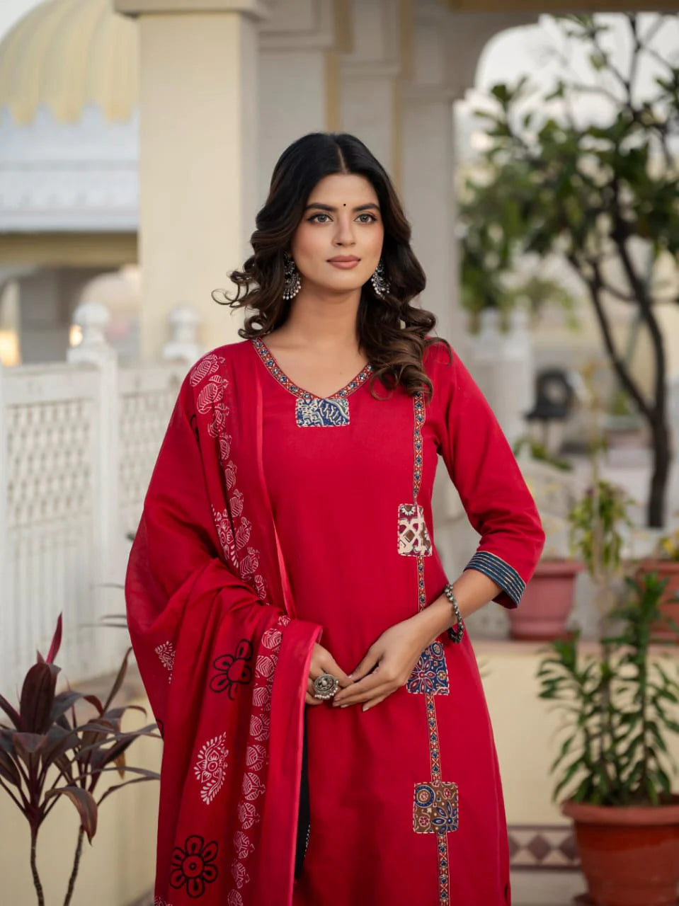 Cotton Rani Patch Work Kurta Set with Dupatta