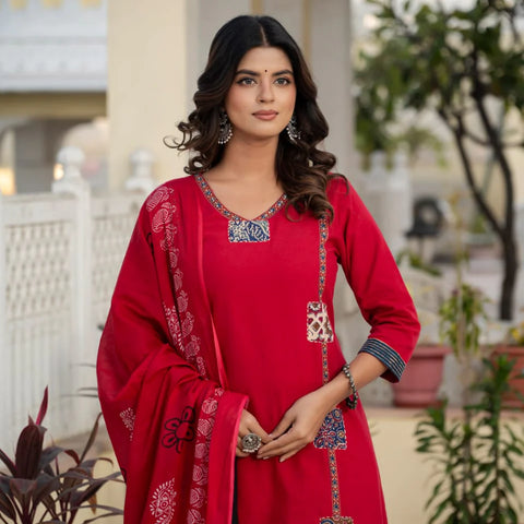 Cotton Rani Patch Work Kurta Set with Dupatta