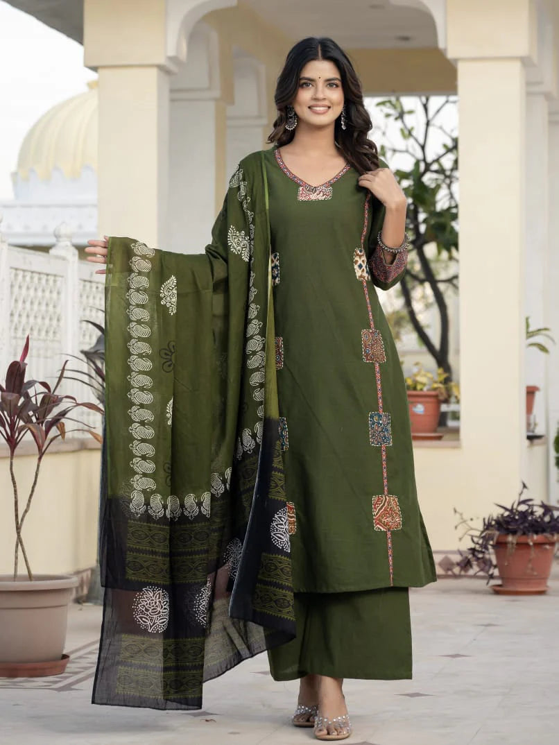 Cotton Rani Patch Work Kurta Set with Dupatta
