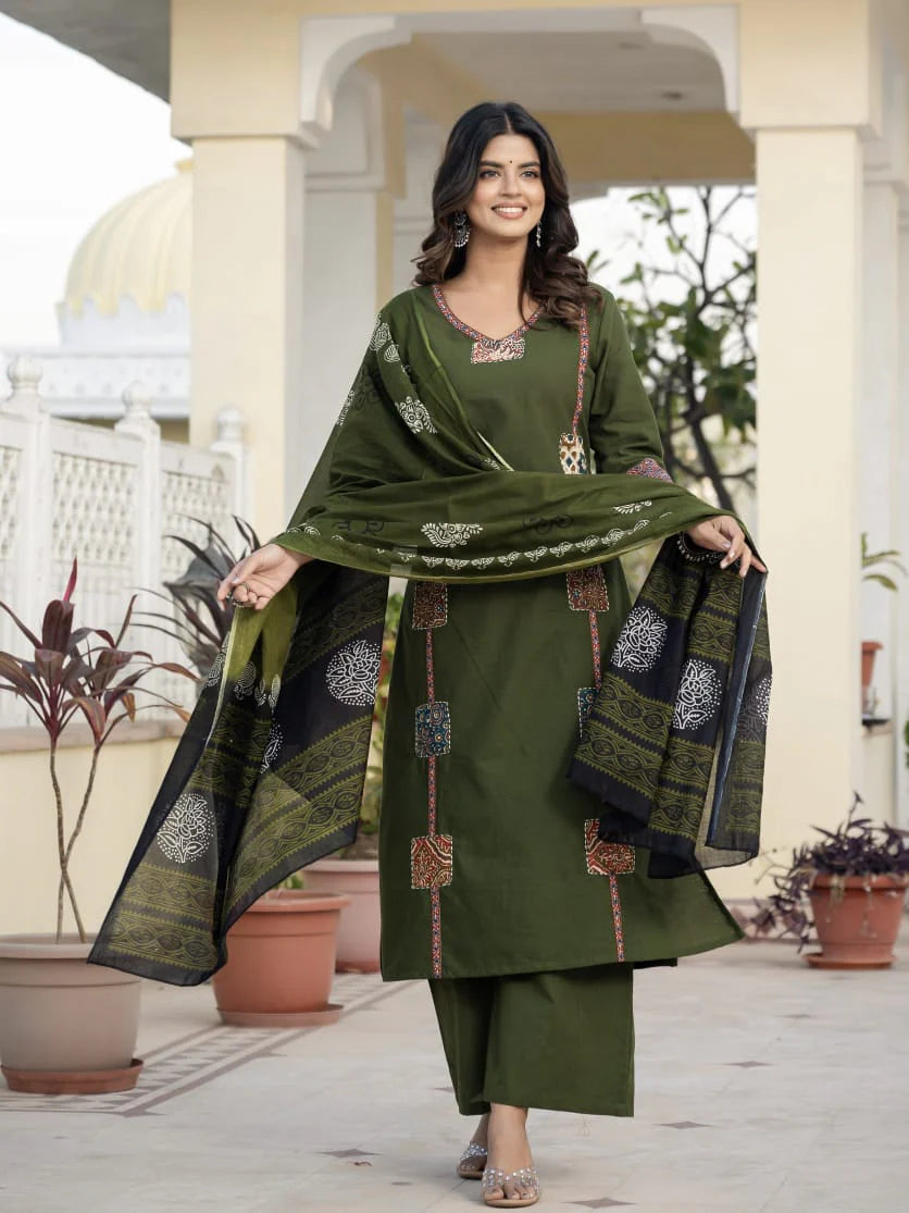 Cotton Rani Patch Work Kurta Set with Dupatta
