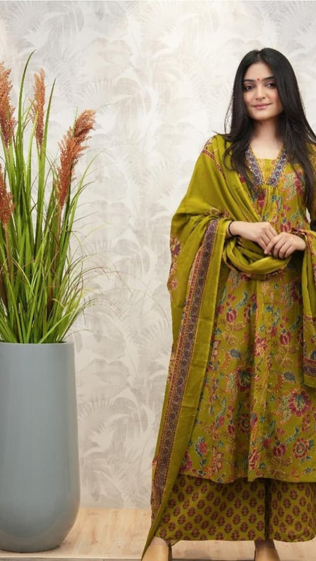 Ebbani Women’s Cotton Floral Olive Green A-Line Kurta Set with Dupatta
