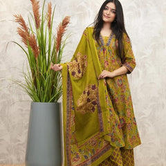 Ebbani Women’s Cotton Floral Olive Green A-Line Kurta Set with Dupatta
