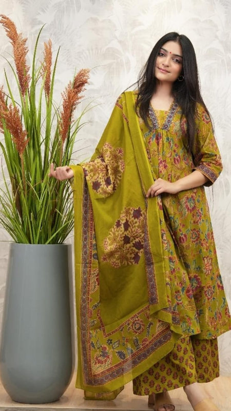 Ebbani Women’s Cotton Floral Olive Green A-Line Kurta Set with Dupatta