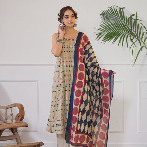 Beige Geometric Print Kurta Dupatta Set
