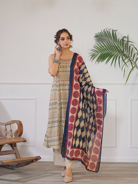 Beige Geometric Print Kurta Dupatta Set