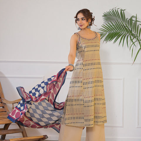 Beige Geometric Print Kurta Dupatta Set