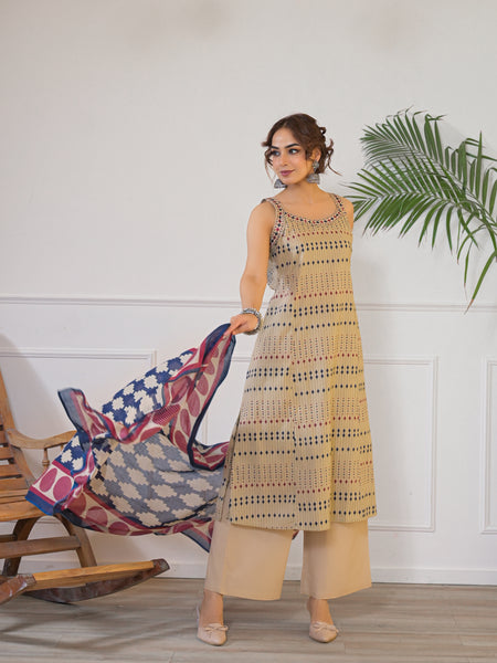 Beige Geometric Print Kurta Dupatta Set