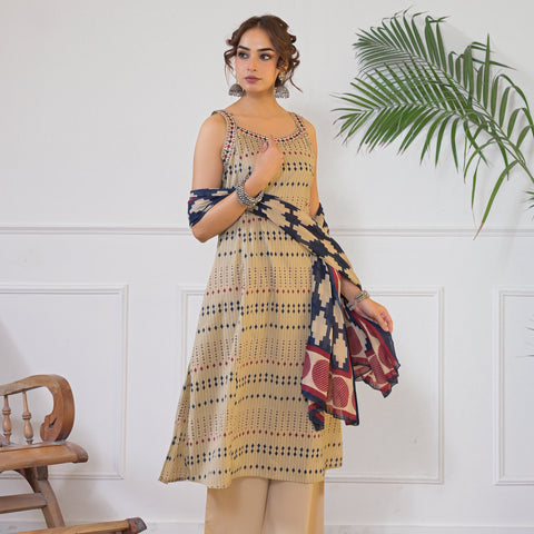 Beige Geometric Print Kurta Dupatta Set