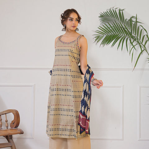Beige Geometric Print Kurta Dupatta Set