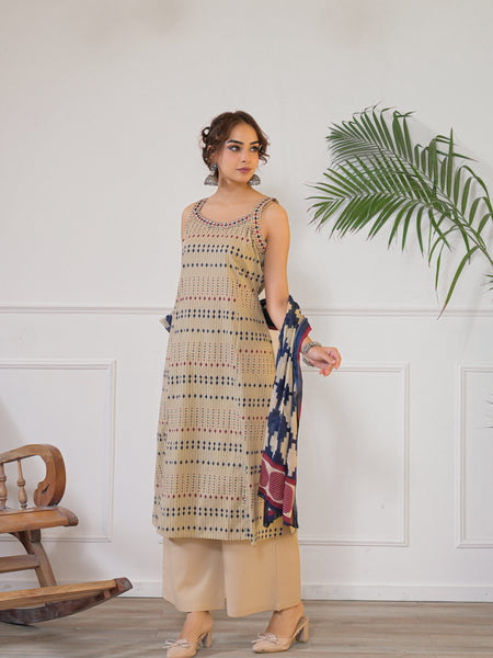 Beige Geometric Print Kurta Dupatta Set