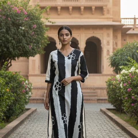 Ebbani Women’s Pure Cotton Black Floral Straight Fit 3pc Kurta Set