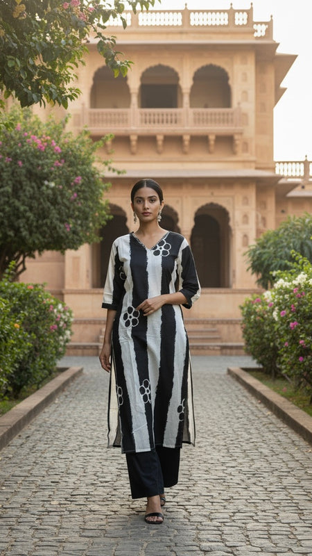 Ebbani Women’s Pure Cotton Black Floral Straight Fit 3pc Kurta Set