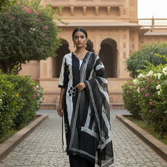 Ebbani Women’s Pure Cotton Black Floral Straight Fit 3pc Kurta Set