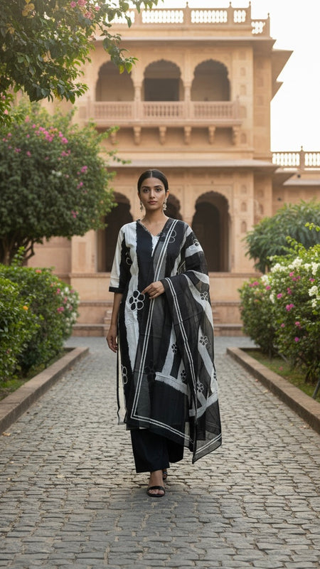 Ebbani Women’s Pure Cotton Black Floral Straight Fit 3pc Kurta Set