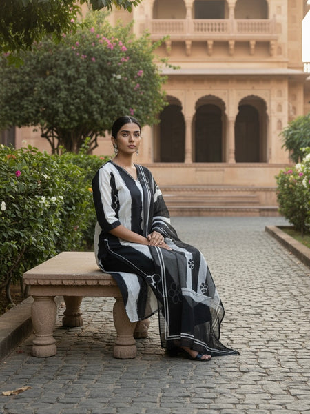 Ebbani Women’s Pure Cotton Black Floral Straight Fit 3pc Kurta Set