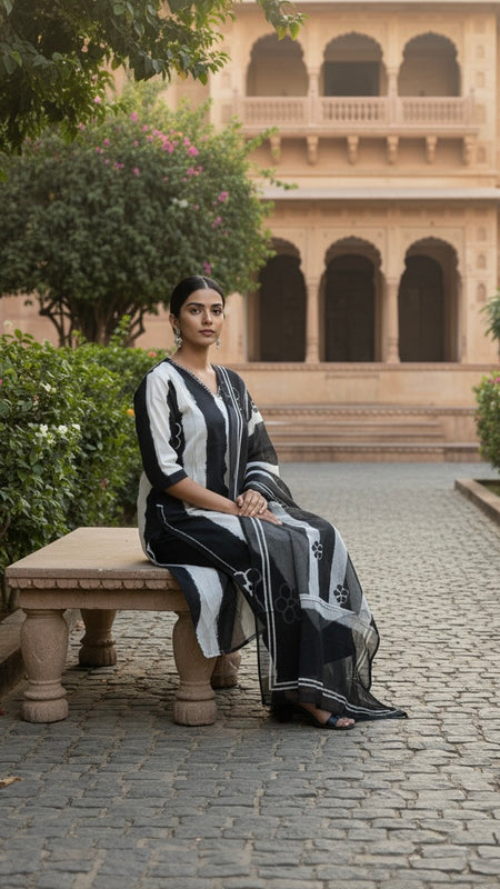 Ebbani Women’s Pure Cotton Black Floral Straight Fit 3pc Kurta Set