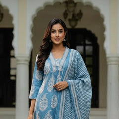 Ebbani Women’s Cotton Floral Sky Blue Kurta Set with Dupatta