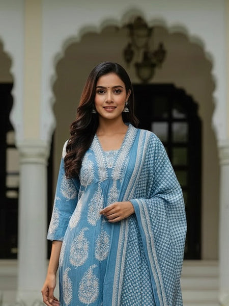 Ebbani Women’s Cotton Floral Sky Blue Kurta Set with Dupatta
